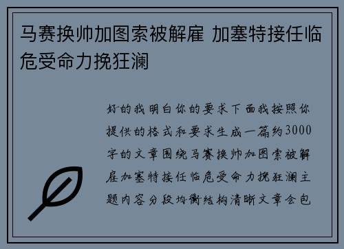 马赛换帅加图索被解雇 加塞特接任临危受命力挽狂澜