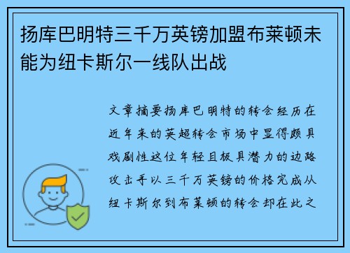 扬库巴明特三千万英镑加盟布莱顿未能为纽卡斯尔一线队出战
